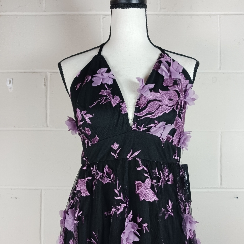 Venus Womens Lavender Black Floral 3-D Applique‎ Mesh Layered Maxi Dress Size 8 - Picture 2 of 11